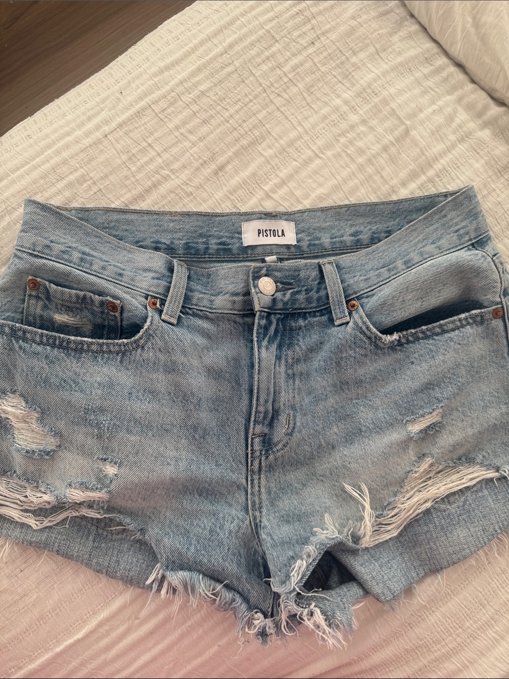 Pistola Faded Light Blue Distressed Denim Shorts